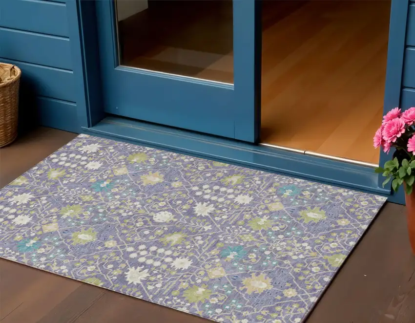 Lavender Blue And Green Oriental Washable Indoor Outdoor Area Rug Photo 1