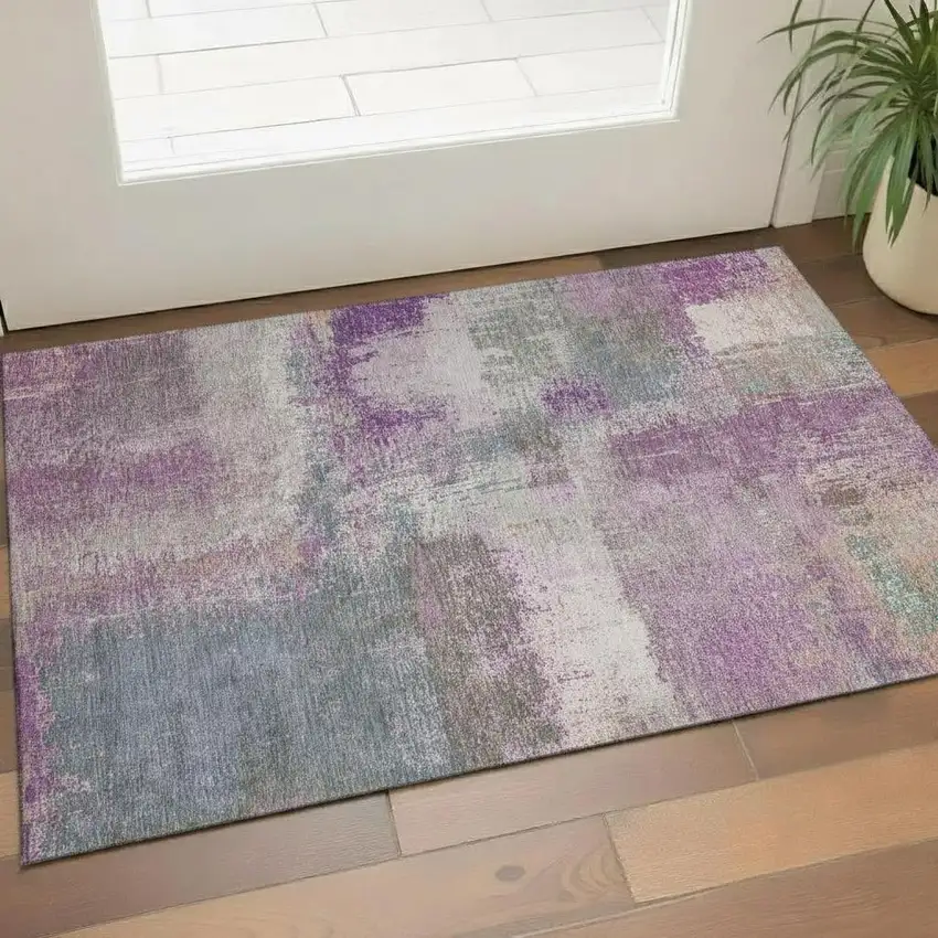 Lavender Blue And Ivory Abstract Washable Area Rug With UV Protection Photo 2