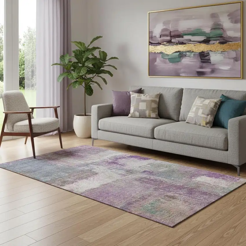 Lavender Blue And Ivory Abstract Washable Area Rug With UV Protection Photo 2