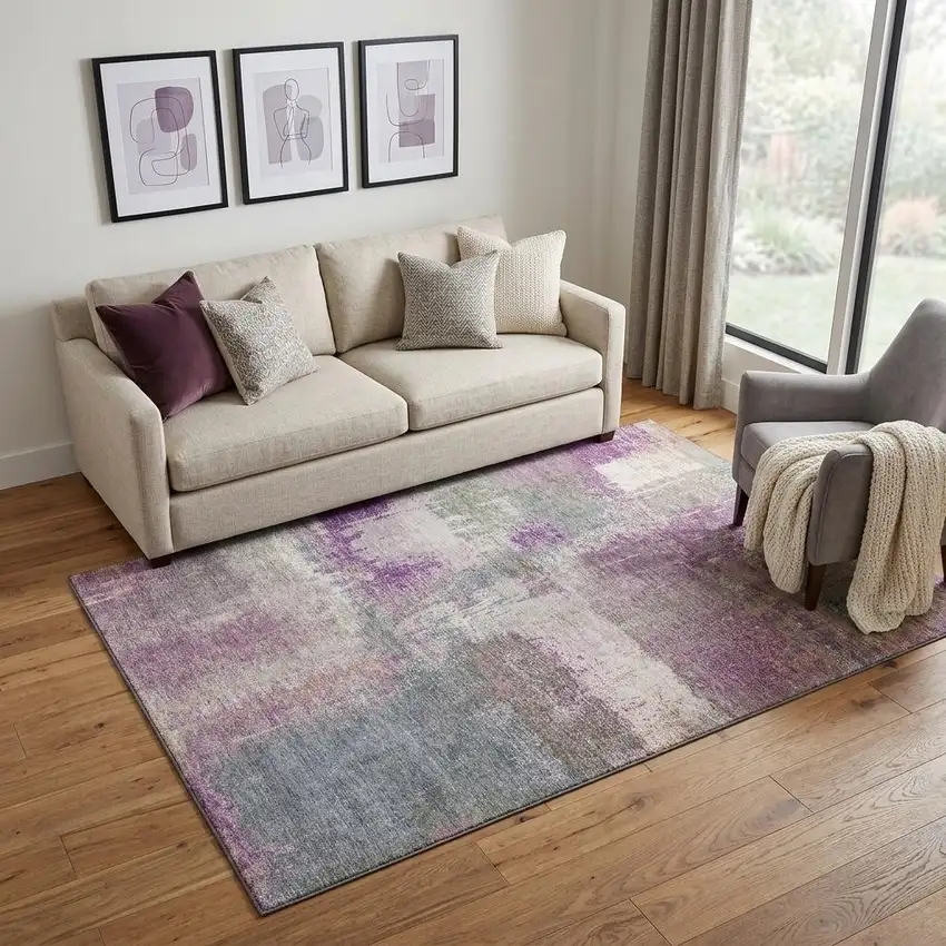 Lavender Blue And Ivory Abstract Washable Area Rug With UV Protection Photo 1