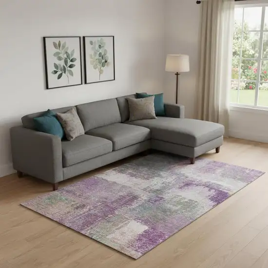 Lavender Blue And Ivory Abstract Washable Area Rug With UV Protection Photo 2