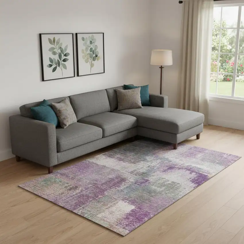 Lavender Blue And Ivory Abstract Washable Area Rug With UV Protection Photo 2