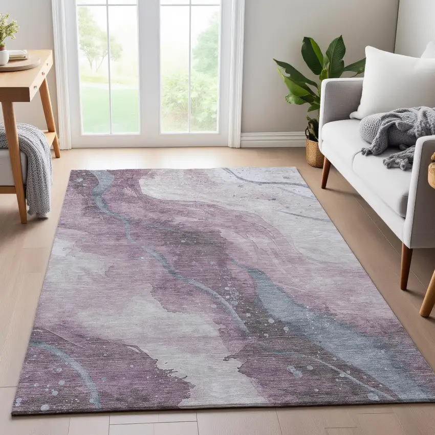 Lavender Blue And Ivory Abstract Washable Area Rug With UV Protection Photo 3