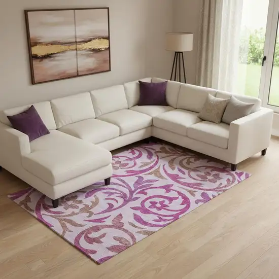 Lavender Blush And Ivory Floral Washable Area Rug With UV Protection Photo 1