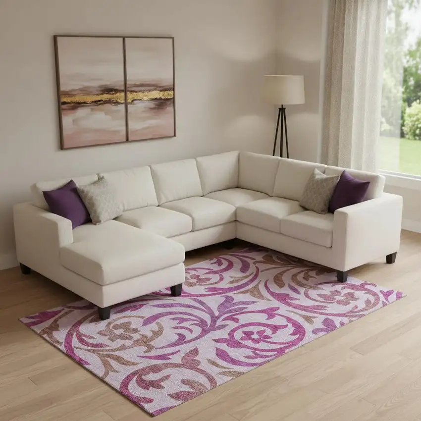 Lavender Blush And Ivory Floral Washable Area Rug With UV Protection Photo 1