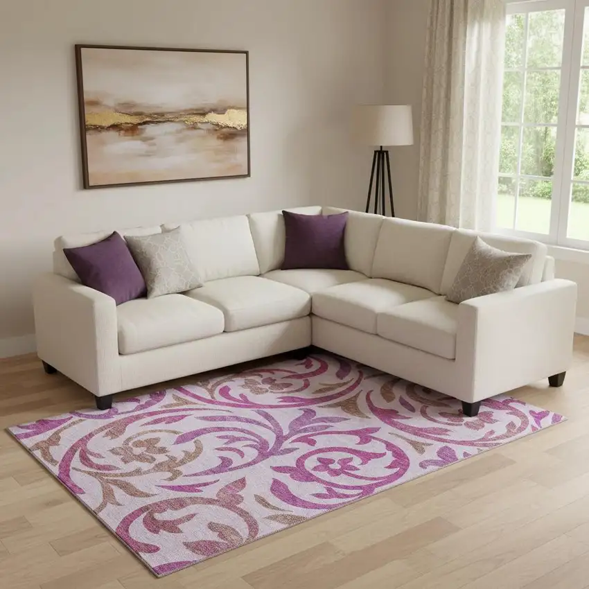 Lavender Blush And Ivory Floral Washable Area Rug With UV Protection Photo 1