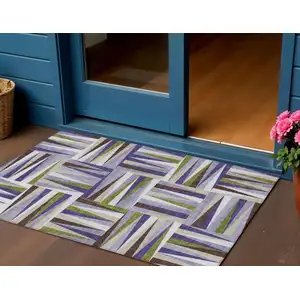Photo of Lavender Brown And Green Geometric Washable Indoor Outdoor Area Rug