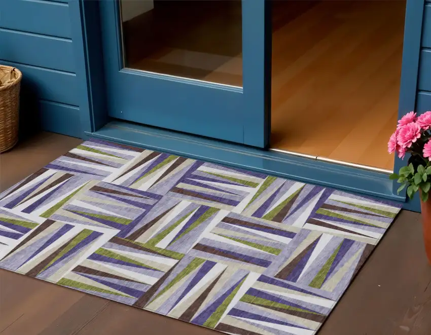 Lavender Brown And Green Geometric Washable Indoor Outdoor Area Rug Photo 1