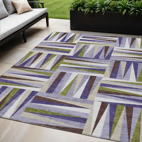 Lavender Brown And Green Geometric Washable Indoor Outdoor Area Rug Photo 1