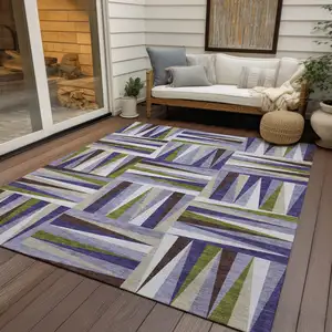 Photo of Lavender Brown And Green Geometric Washable Indoor Outdoor Area Rug