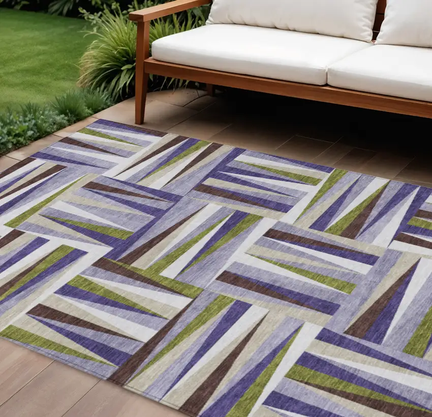 Lavender Brown And Green Geometric Washable Indoor Outdoor Area Rug Photo 1