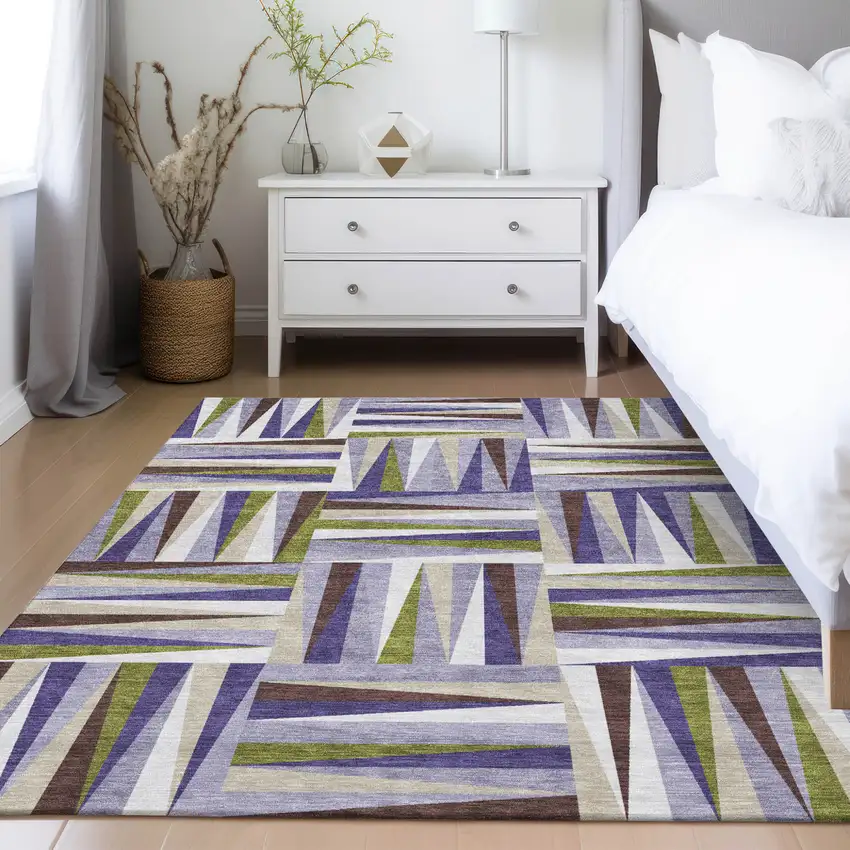 Lavender Brown And Green Geometric Washable Indoor Outdoor Area Rug Photo 9