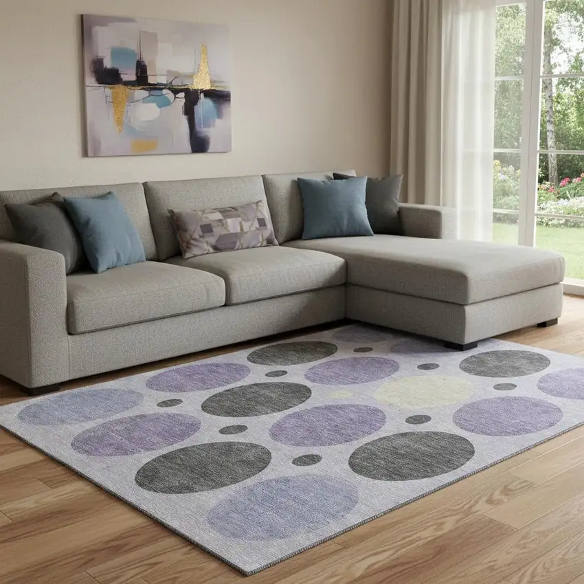 Lavender Charcoal And Ivory Geometric Washable Area Rug With UV Protection Photo 2