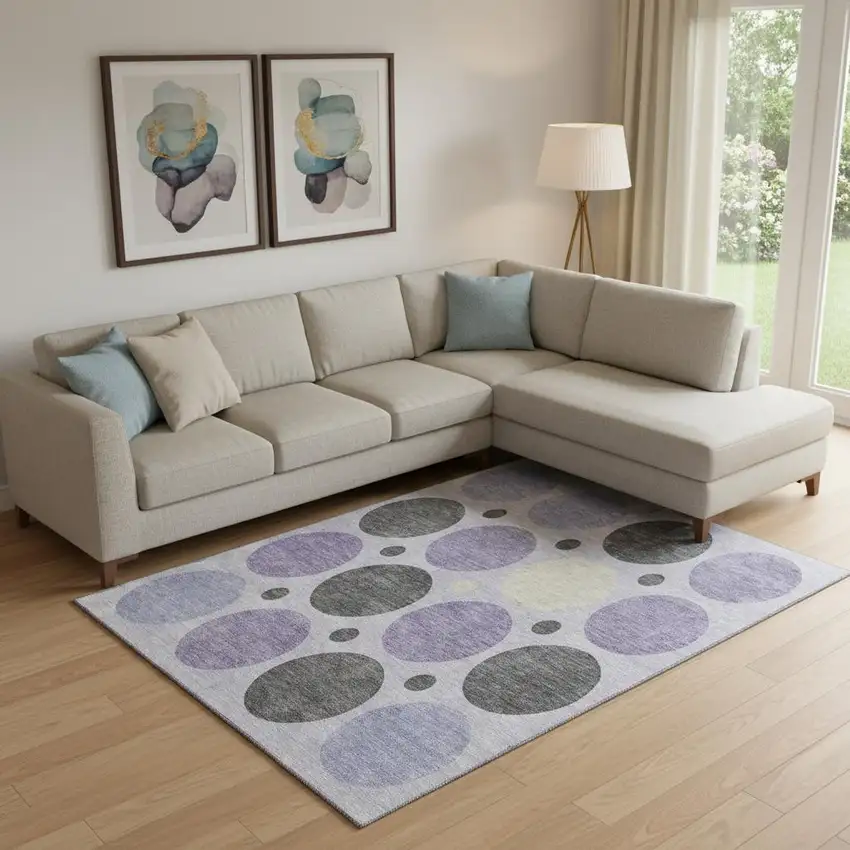 Lavender Charcoal And Ivory Geometric Washable Area Rug With UV Protection Photo 2