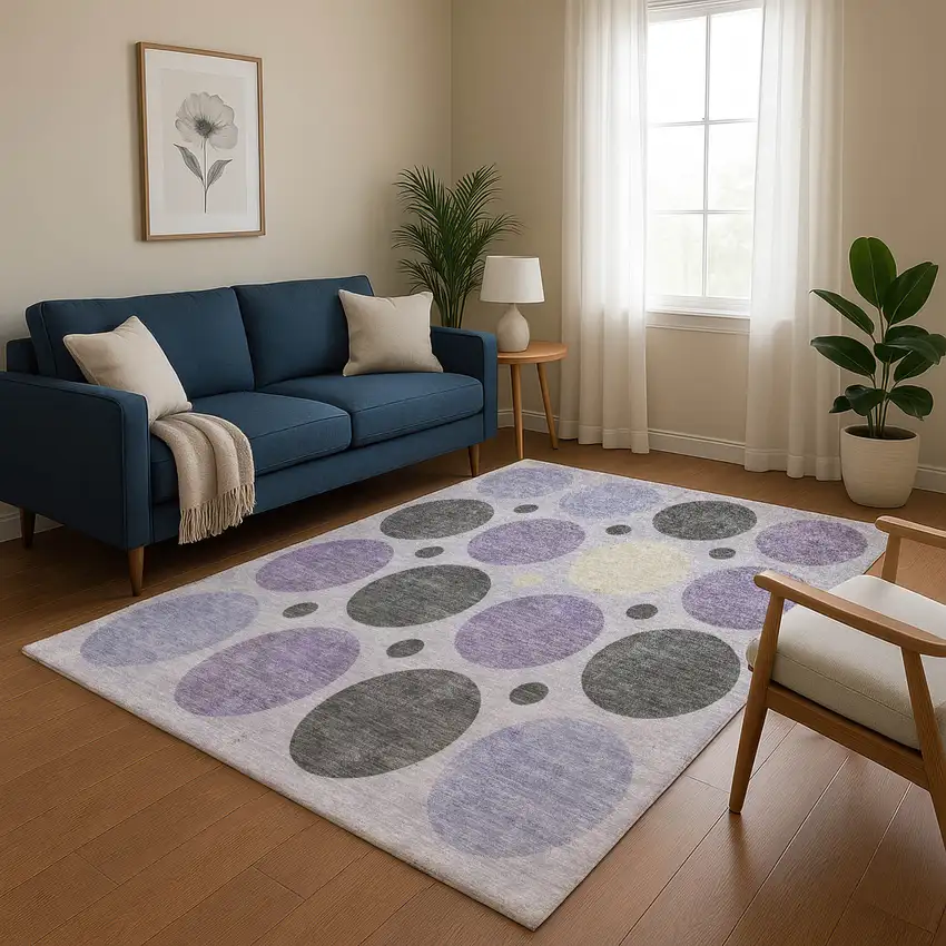 Lavender Charcoal And Ivory Geometric Washable Area Rug With UV Protection Photo 5