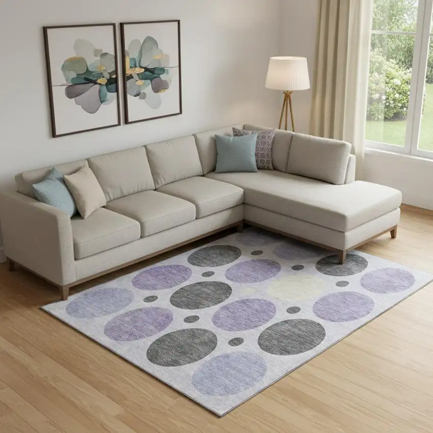 Lavender Charcoal And Ivory Geometric Washable Area Rug With UV Protection Photo 2