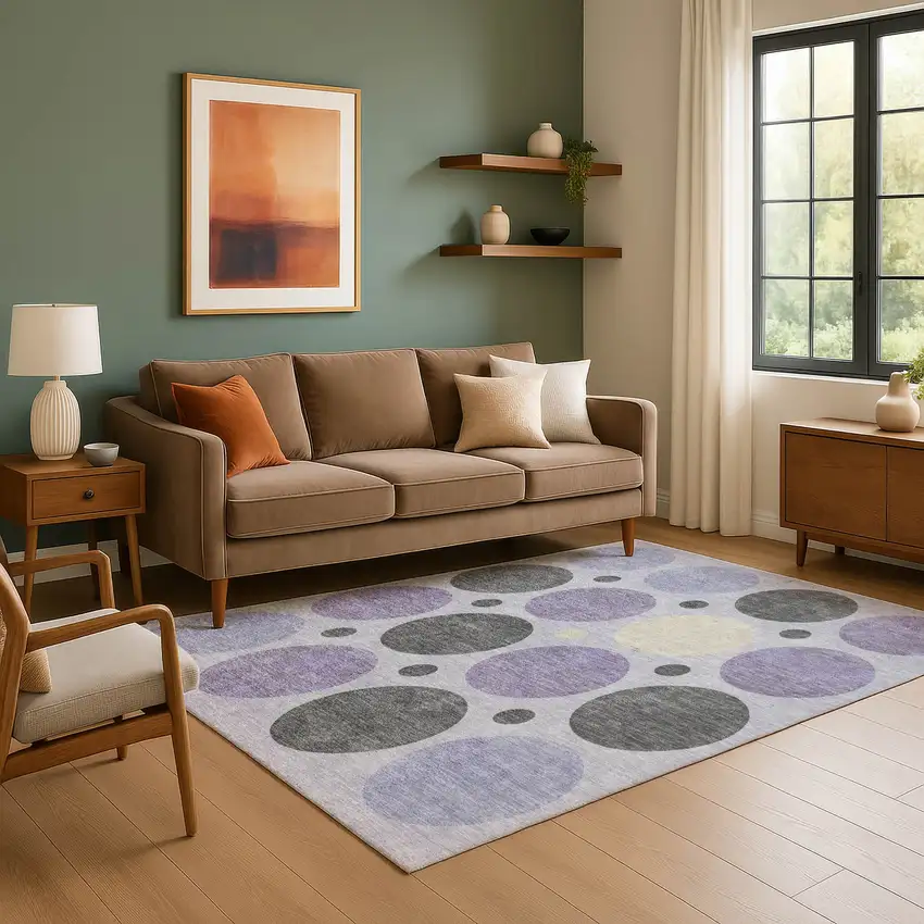 Lavender Charcoal And Ivory Geometric Washable Area Rug With UV Protection Photo 6