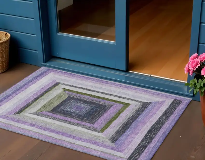 Lavender Charcoal And Ivory Geometric Washable Indoor Outdoor Area Rug Photo 2