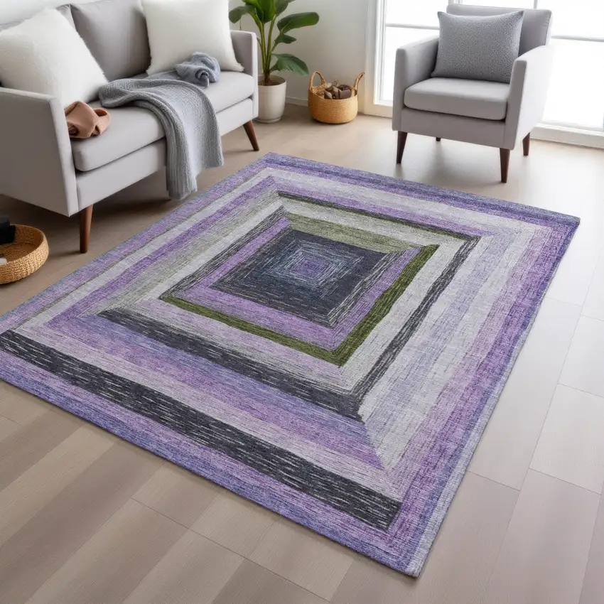 Lavender Charcoal And Ivory Geometric Washable Indoor Outdoor Area Rug Photo 6