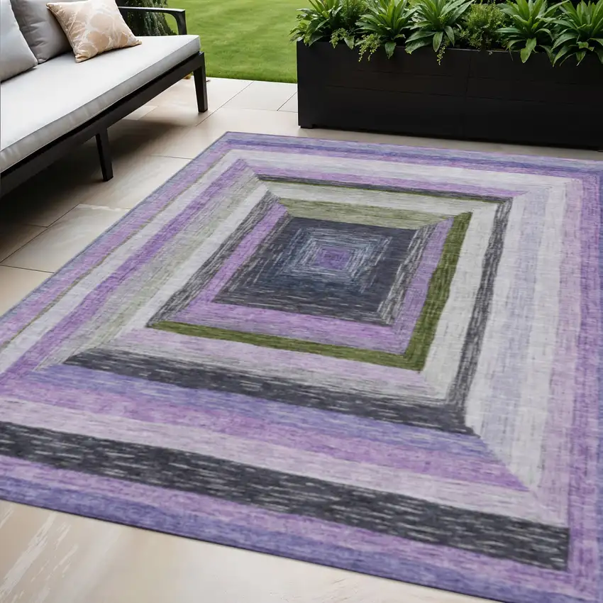 Lavender Charcoal And Ivory Geometric Washable Indoor Outdoor Area Rug Photo 2