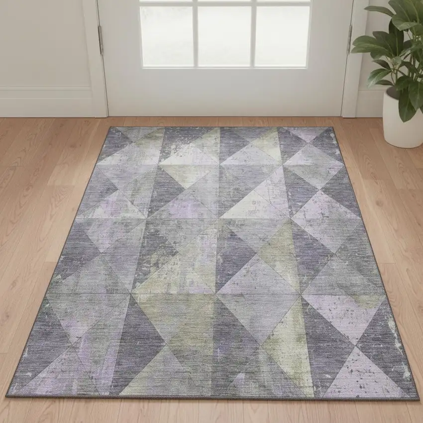 Lavender Fern Green And Ivory Geometric Washable Area Rug With UV Protection Photo 2