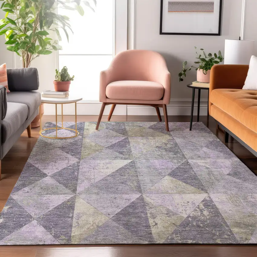 Lavender Fern Green And Ivory Geometric Washable Area Rug With UV Protection Photo 5