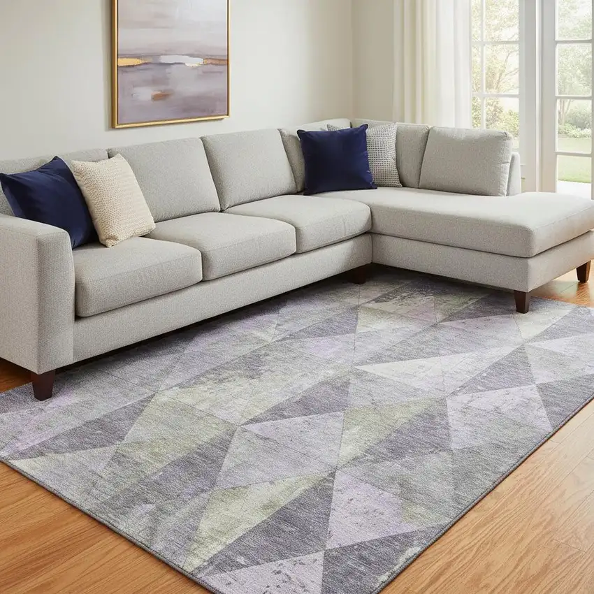 Lavender Fern Green And Ivory Geometric Washable Area Rug With UV Protection Photo 2