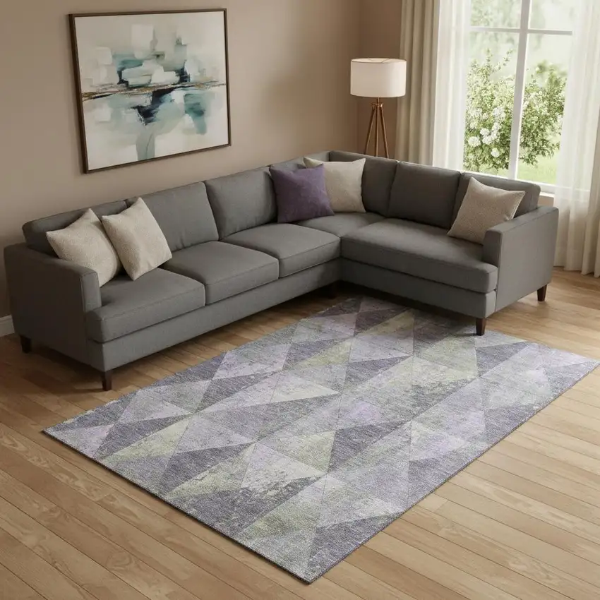Lavender Fern Green And Ivory Geometric Washable Area Rug With UV Protection Photo 2