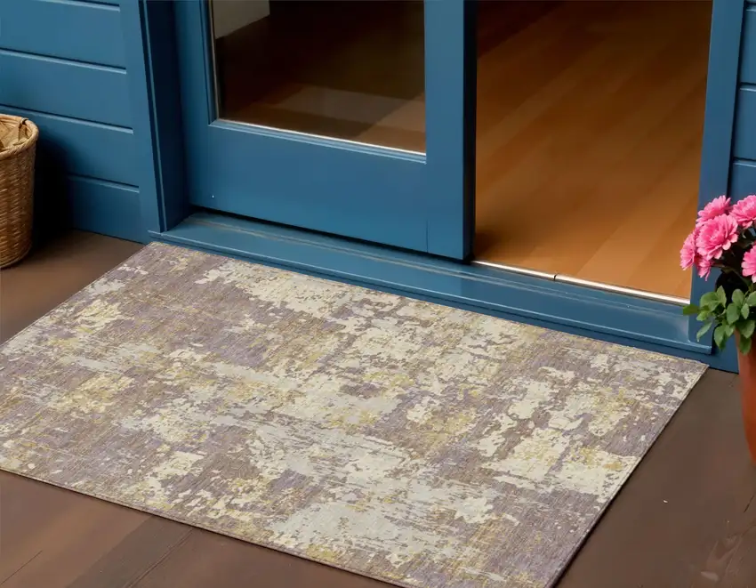 Lavender Gold And Beige Abstract Washable Indoor Outdoor Area Rug Photo 1