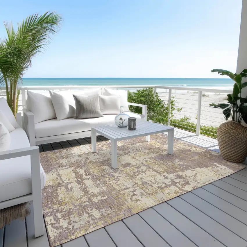 Lavender Gold And Beige Abstract Washable Indoor Outdoor Area Rug Photo 9