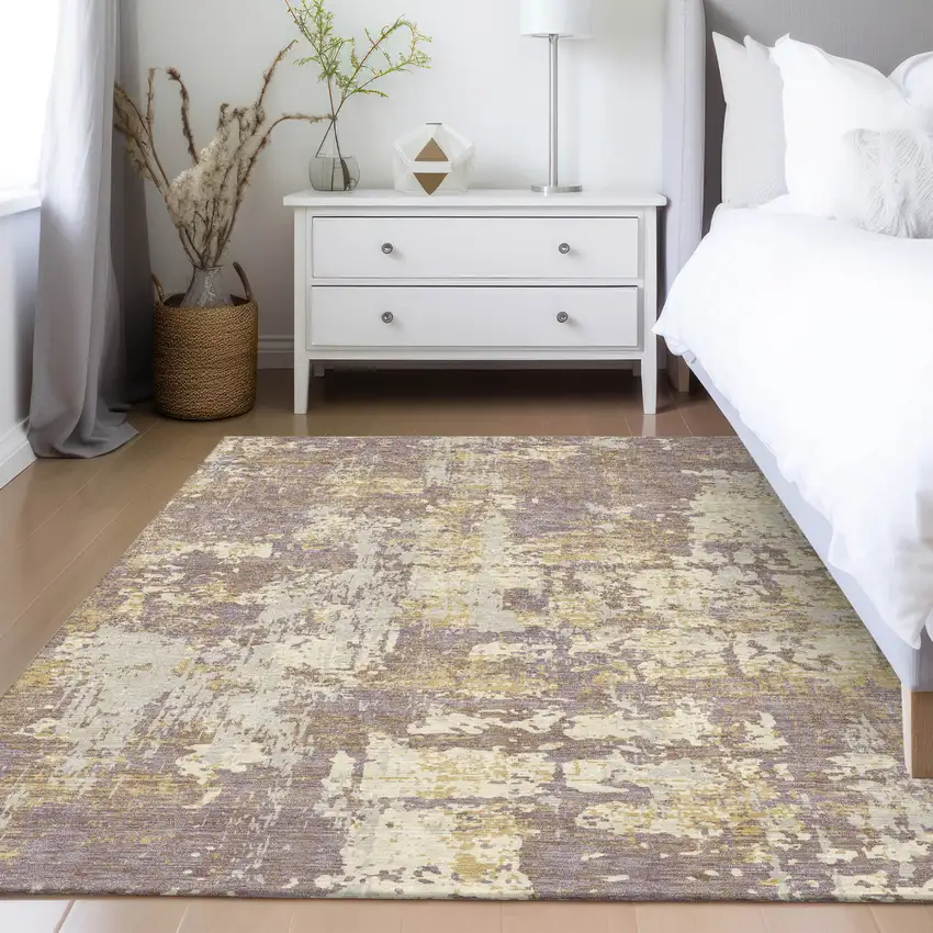 Lavender Gold And Beige Abstract Washable Indoor Outdoor Area Rug Photo 8