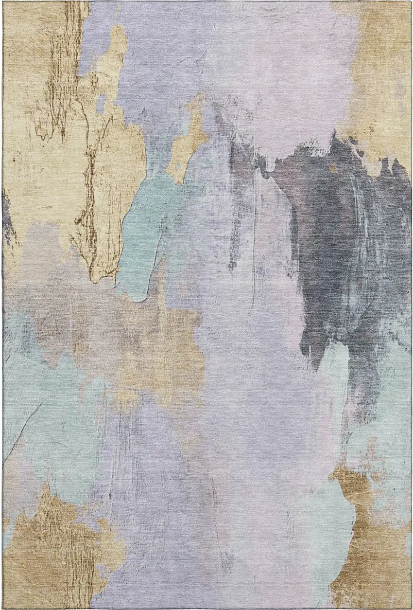 Lavender Gold And Charcoal Abstract Washable Area Rug With UV Protection Photo 6