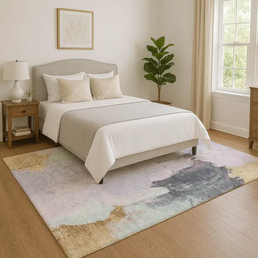 Lavender Gold And Charcoal Abstract Washable Area Rug With UV Protection Photo 4