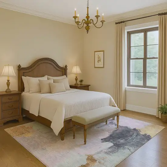 Lavender Gold And Charcoal Abstract Washable Area Rug With UV Protection Photo 5