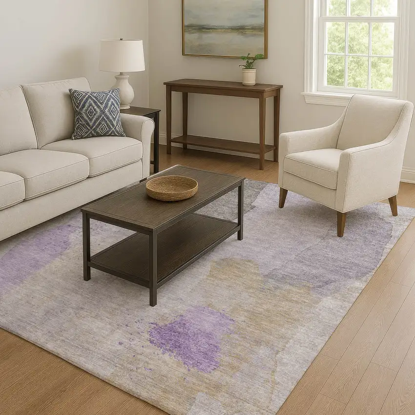 Lavender Gold And Gray Abstract Washable Area Rug With UV Protection Photo 6