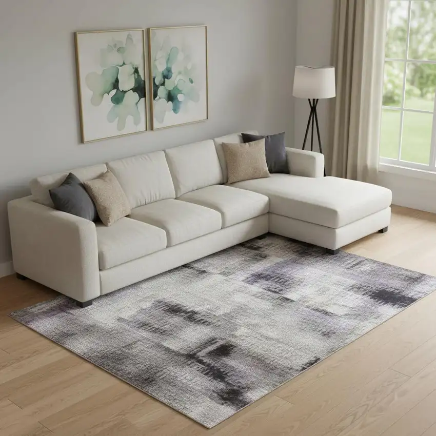 Lavender Gold And Gray Abstract Washable Area Rug With UV Protection Photo 2
