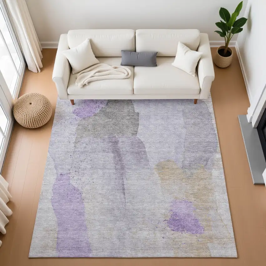 Lavender Gold And Gray Abstract Washable Area Rug With UV Protection Photo 5
