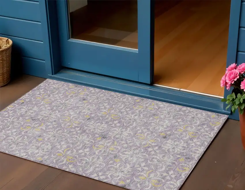 Lavender Gold And Gray Floral Washable Indoor Outdoor Area Rug Photo 1
