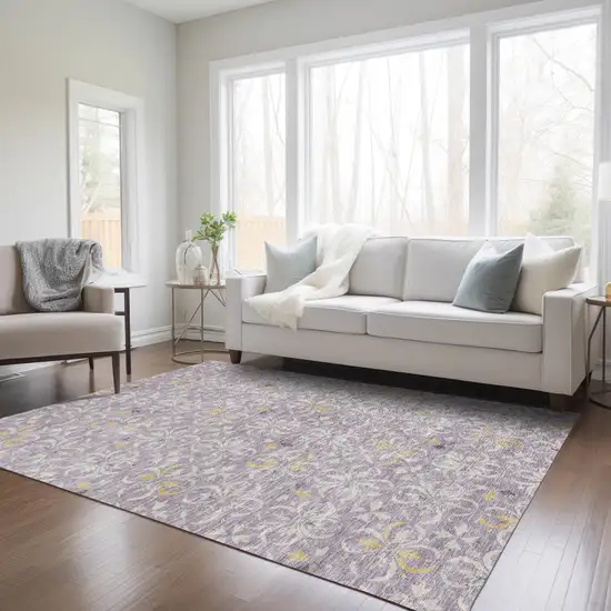 Lavender Gold And Gray Floral Washable Indoor Outdoor Area Rug Photo 9