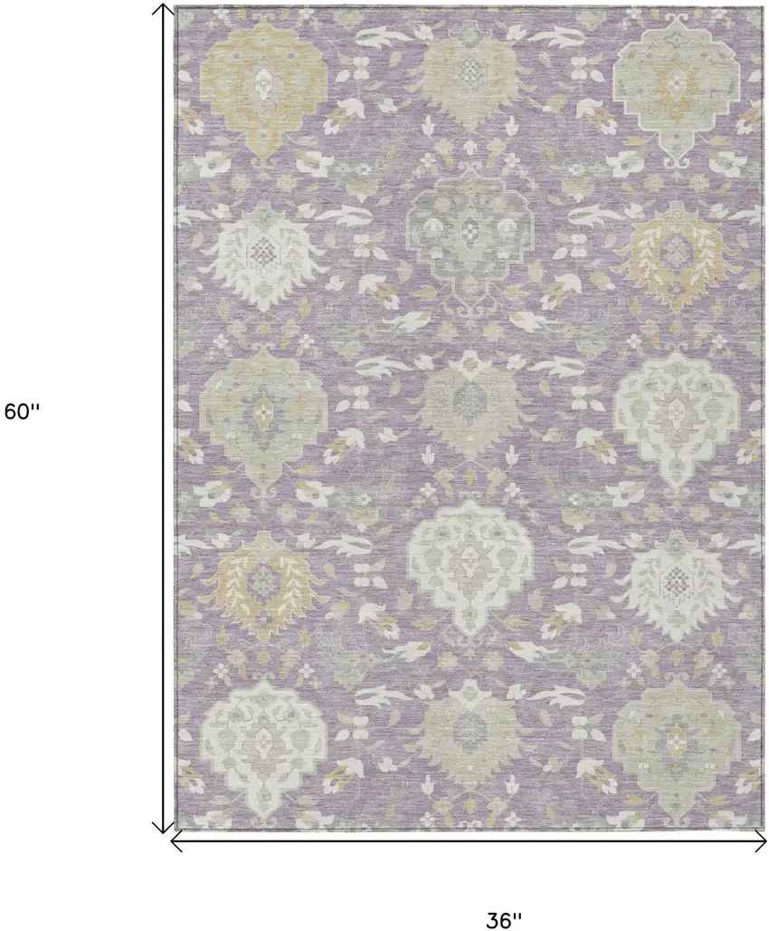 Lavender Gold And Green Damask Washable Indoor Outdoor Area Rug Photo 3