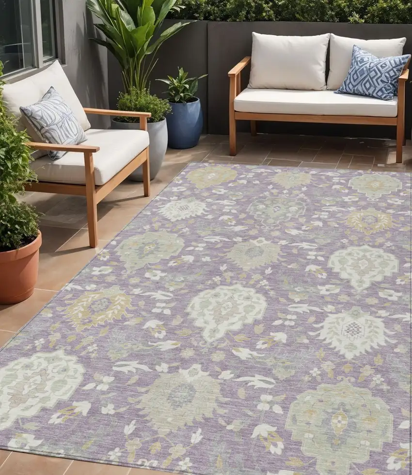 Lavender Gold And Green Damask Washable Indoor Outdoor Area Rug Photo 1