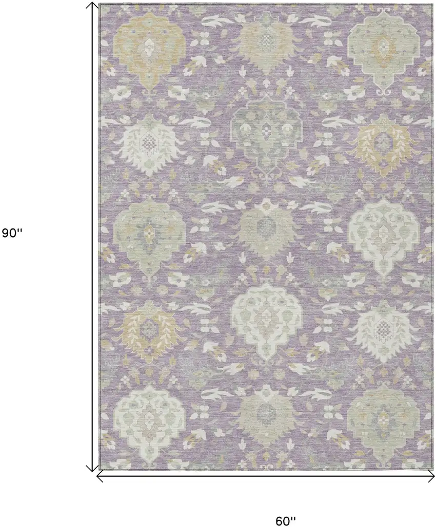 Lavender Gold And Green Damask Washable Indoor Outdoor Area Rug Photo 3