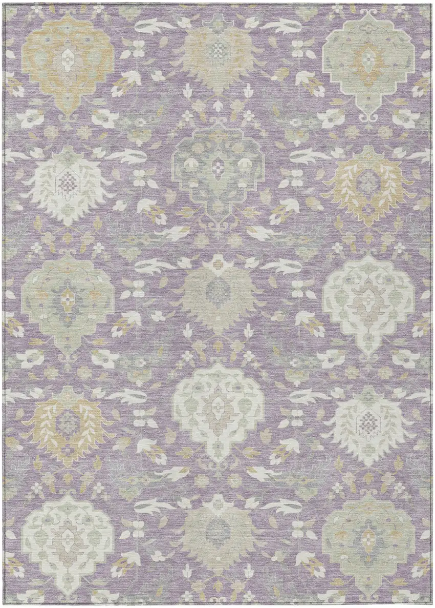 Lavender Gold And Green Damask Washable Indoor Outdoor Area Rug Photo 1
