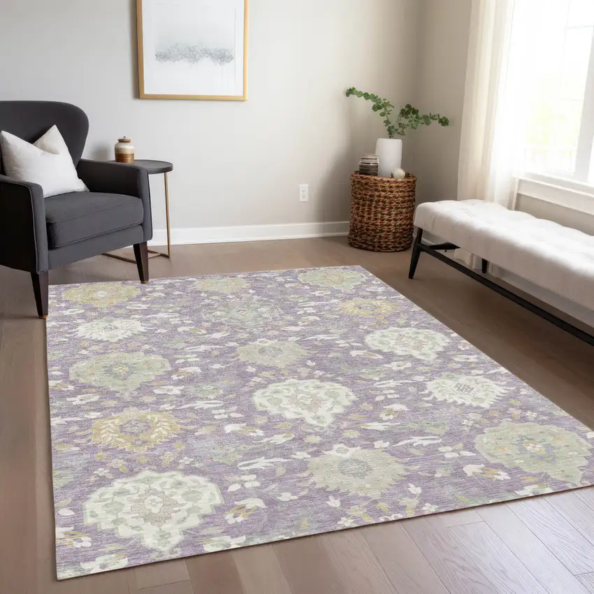 Lavender Gold And Green Damask Washable Indoor Outdoor Area Rug Photo 8