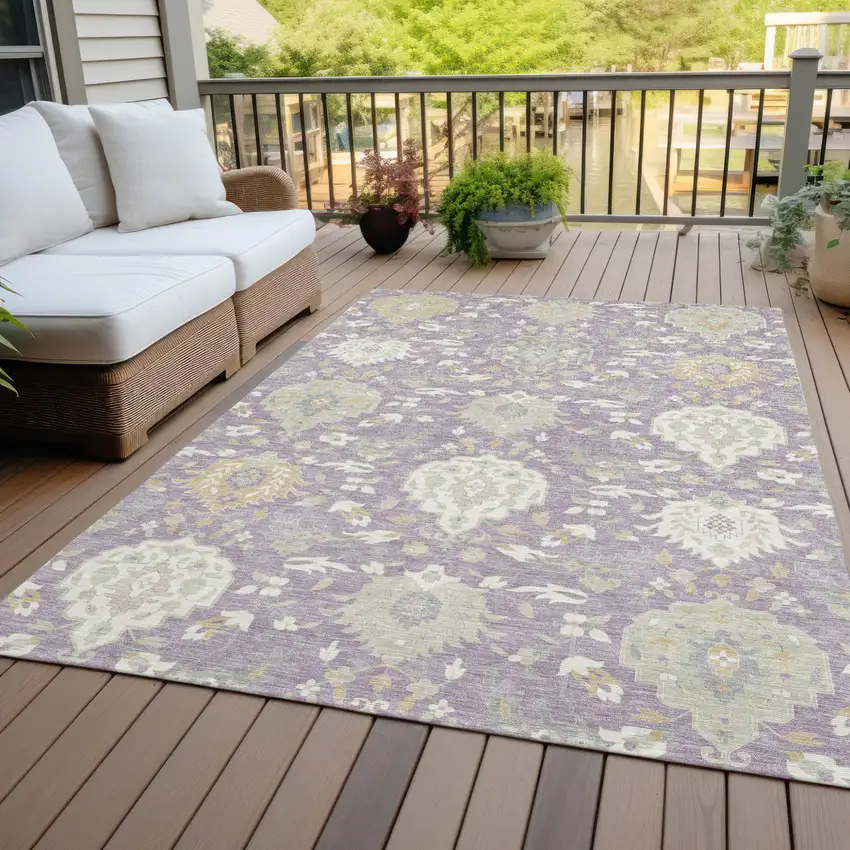 Lavender Gold And Green Damask Washable Indoor Outdoor Area Rug Photo 7