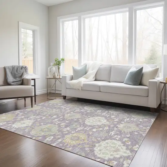 Lavender Gold And Green Damask Washable Indoor Outdoor Area Rug Photo 9