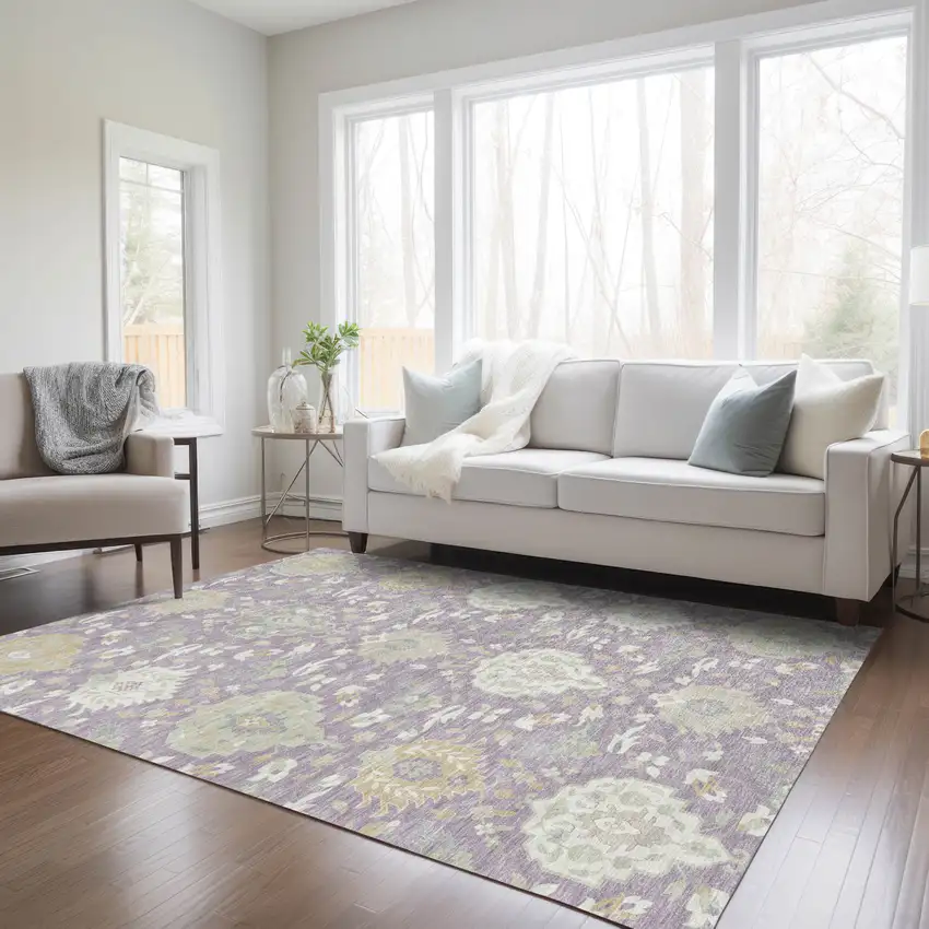 Lavender Gold And Green Damask Washable Indoor Outdoor Area Rug Photo 9
