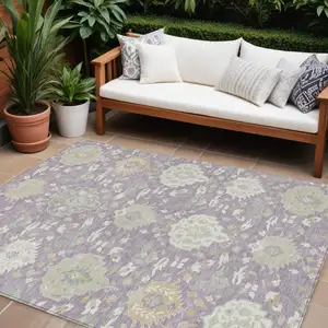 Photo of Lavender Gold And Green Damask Washable Indoor Outdoor Area Rug