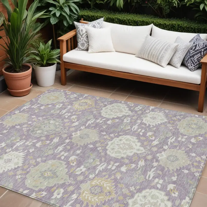 Lavender Gold And Green Damask Washable Indoor Outdoor Area Rug Photo 1