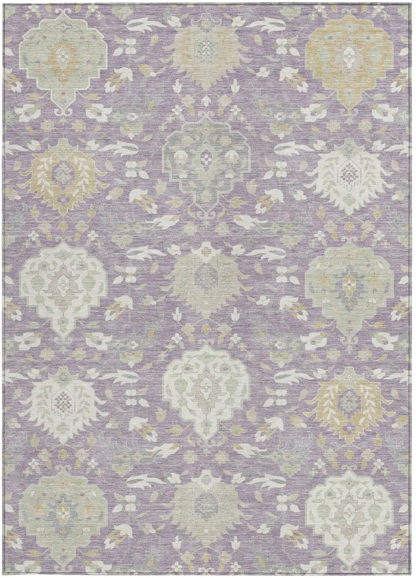 Lavender Gold And Green Damask Washable Indoor Outdoor Area Rug Photo 8